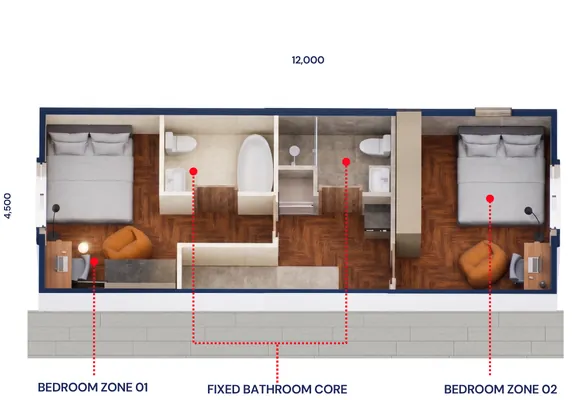 GES module plan with two bedroom zones and fixed wet core