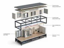 Exploded GES module: standardised platform, steel structure, pre-coordinated MEP and factory-fitted finishes